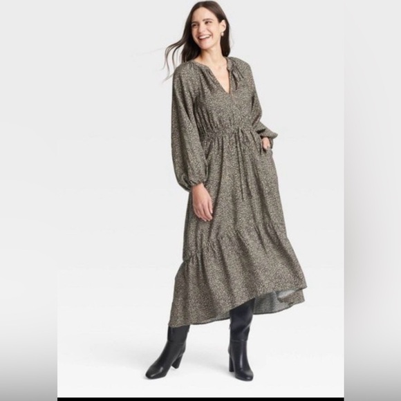 a new day Dresses & Skirts - A New Day Tiered Midi Dress- Long Sleeve Drawstring Waist Pockets NWT